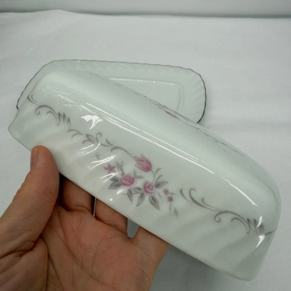 Gold Standard Butter Dish Floral Pink Rose Silver Trim Vintage Whimsical NOS